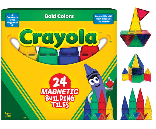 CreateOn Crayola Bold magnetic tiles 24-piece set, vibrant colors for creative building play.