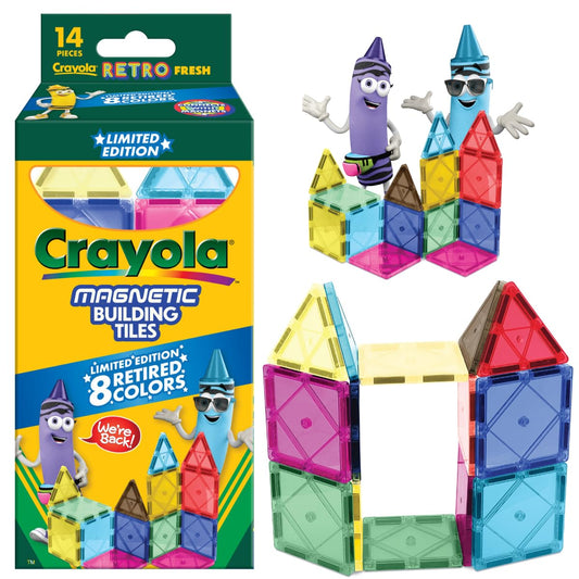 CreateOn Crayola Retro Magnetic Tiles front view, colorful pieces ready for on-the-go STEM play.