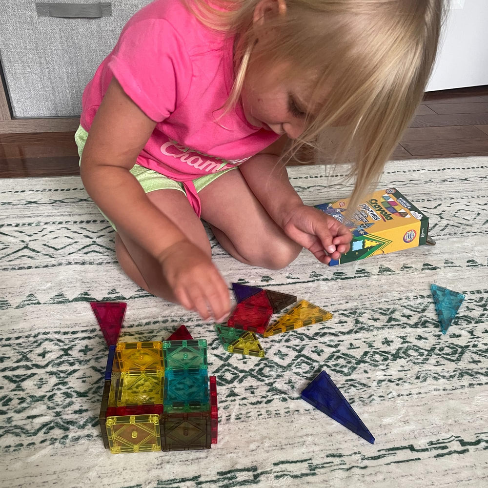 CreateOn Crayola Retro PIP tiles castle and rocket design invites imaginative construction
