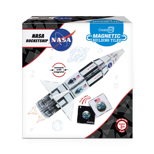 CreateOn NASA Rocketship magnetic tiles set for imaginative building and STEM exploration.