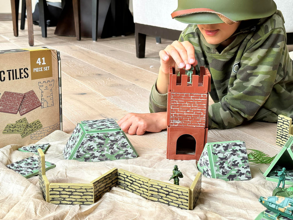 Creatiles army war-themed tiles arranged into scalable battlegrounds for creative problem solving.