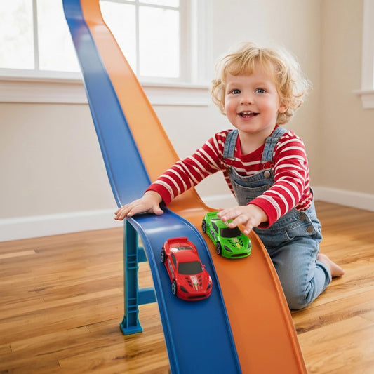 Criez flexible race track curving layout for imaginative play.