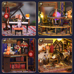 CRIOLPO DIY dollhouse kit warm LED lighting illuminating interior scenes.