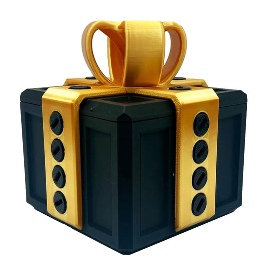 Critigulf prank box with screws close-up, challenging opening for playful surprise.