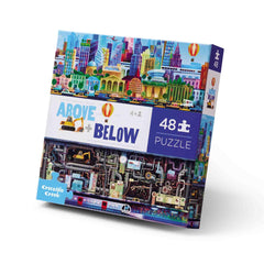 Crocodile Creek above and below 48-piece puzzle Big City box for storage and play