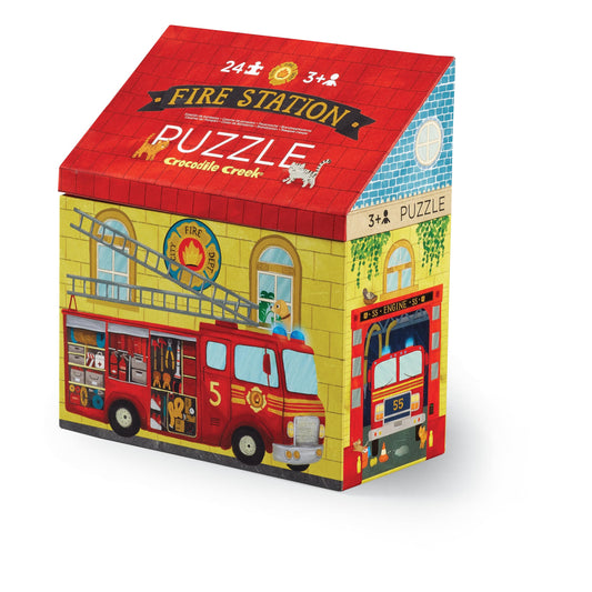 Crocodile Creek Fire House 24-piece puzzle image shows a colorful building scene for storytelling play.