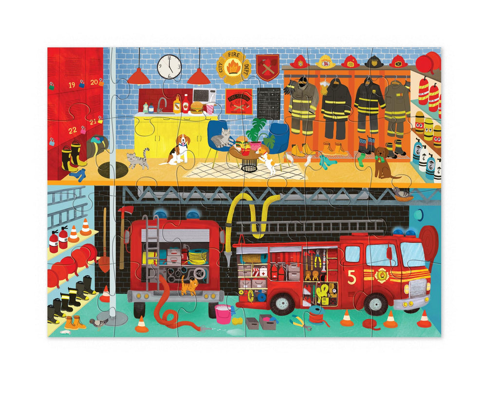 Crocodile Creek Fire House puzzle scene with kids playing supports fine motor skill development.