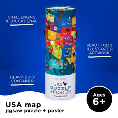 Crocodile Creek puzzle storage cylinder with rope handle keeps pieces organized.