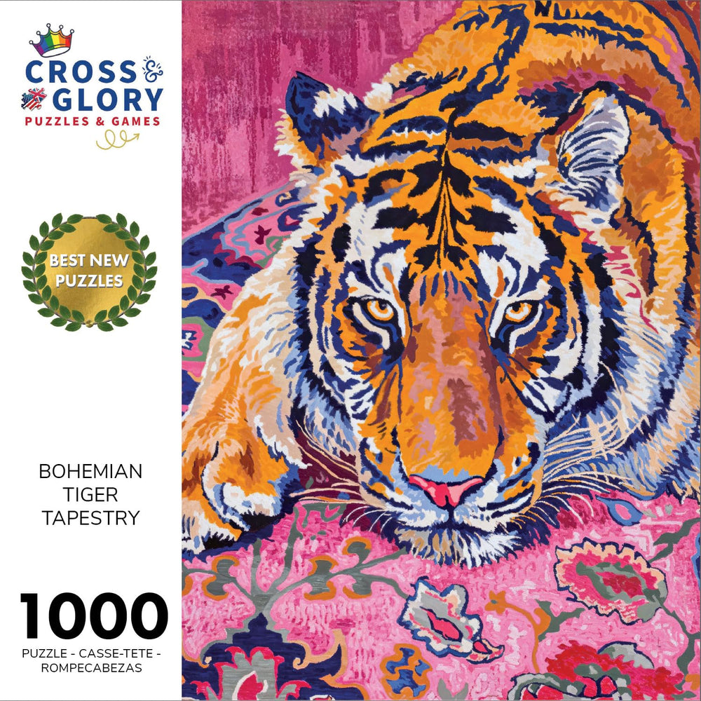 Cross & Glory Bohemian Tiger Tapestry piece closeup highlights intricate colors.