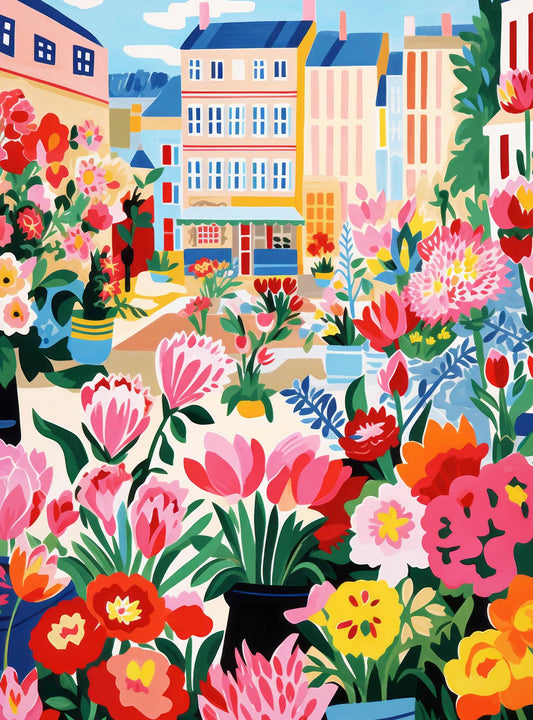 Cross & Glory Petal Promenade Paris market scene, vibrant colors for engaging puzzle sessions