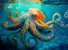 Cross & Glory Deep Blue Octopus Odyssey puzzle image with deep-sea hues for focused relaxation.