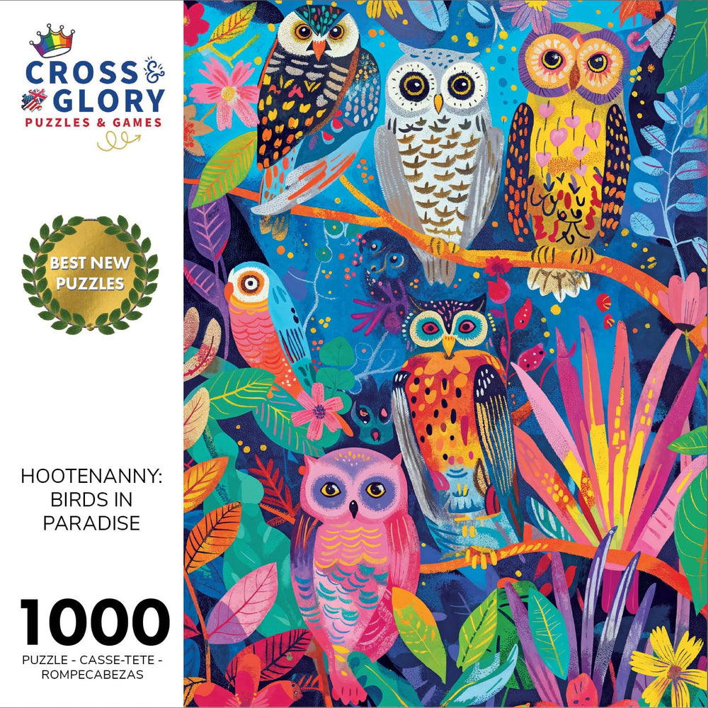 Cross & Glory Hootenanny owls in a lush garden close-up for mindful puzzling.