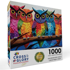 Cross & Glory Kaleidoscopic Owls owl-illustration shows five owls in bright tones for visual interest.