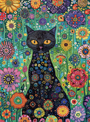 Cross & Glory midnight cat silhouette stands out against petals for focused puzzle work