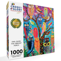 Cross & Glory Owl Oasis nocturnal collage highlights a whimsical garden scene for puzzle lovers.