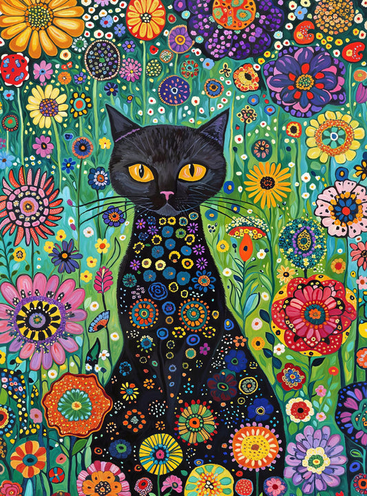 Cross & Glory Petals and the Midnight Cat puzzle cover image highlights a vibrant garden and dark feline centerpiece