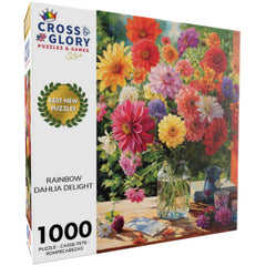 Cross & Glory Rainbow Dahlia Delight puzzle pieces spread across a colorful surface.