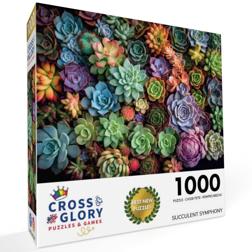 Cross and Glory Succulent Symphony puzzle pieces close-up reveals intricate details for immersive leisure.