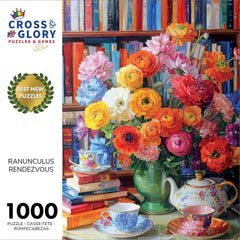 Cross and Glory Tea set and flowers close-up for a calming puzzle experience