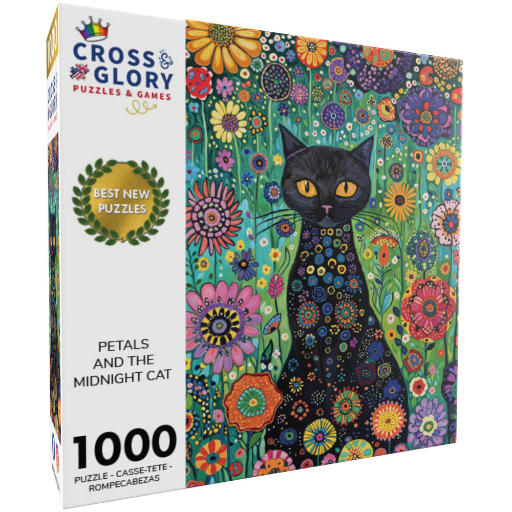 Cross & Glory vibrant floral scene emphasizes lush blossoms around a bold feline silhouette