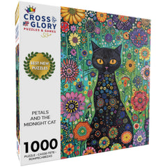 Cross & Glory vibrant floral scene emphasizes lush blossoms around a bold feline silhouette