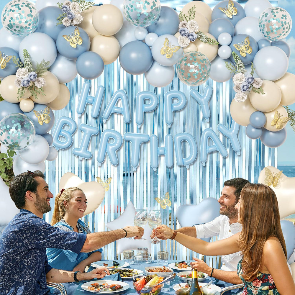Crossfingers 12-inch blue confetti balloons bring sparkle to garlands and arches.