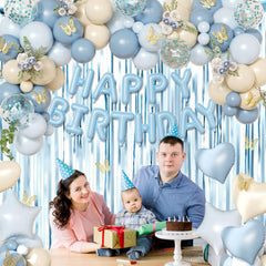 Crossfingers blue happy birthday balloons add a festive centerpiece and versatile party styling.