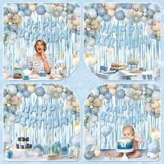 Crossfingers dusty-blue-sand-white balloons provide a cohesive color palette for stylish decor.