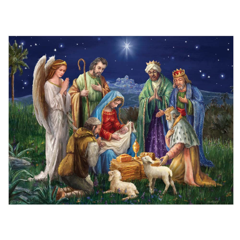Crown Point Graphics nativity scene 500pc puzzle featuring Marcello Corti artwork for family fun.