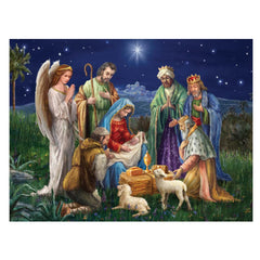 Crown Point Graphics nativity scene 500pc puzzle featuring Marcello Corti artwork for family fun.