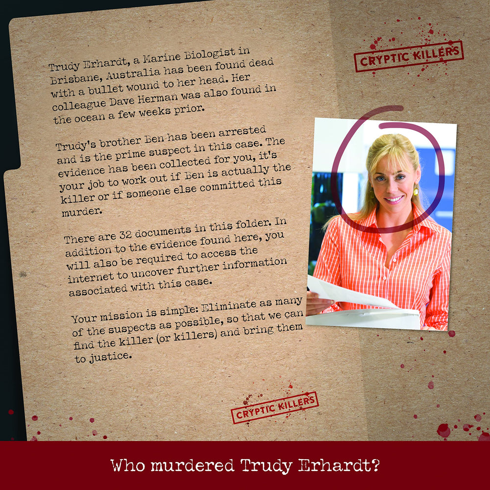 Cryptic Killers case files with photos and receipts for investigation.