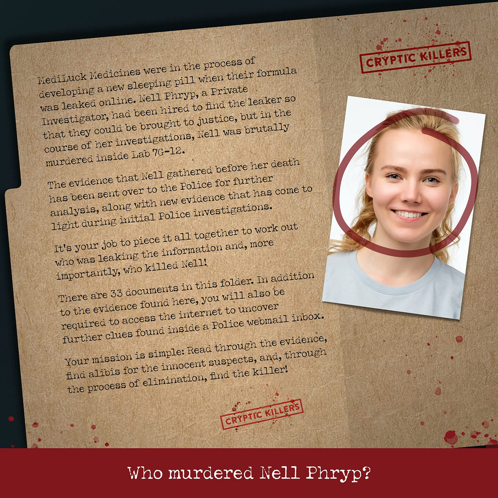 Cryptic Killers evidence photos and blueprints for realistic clues during game night.