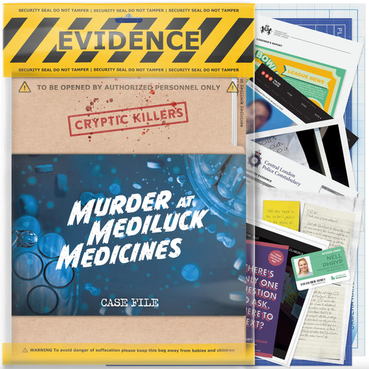 Cryptic Killers murder at mediluck case file for immersive at-home mystery.