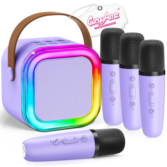 CscyyAmz upgraded mini karaoke four mics purple for family sing-alongs anywhere.