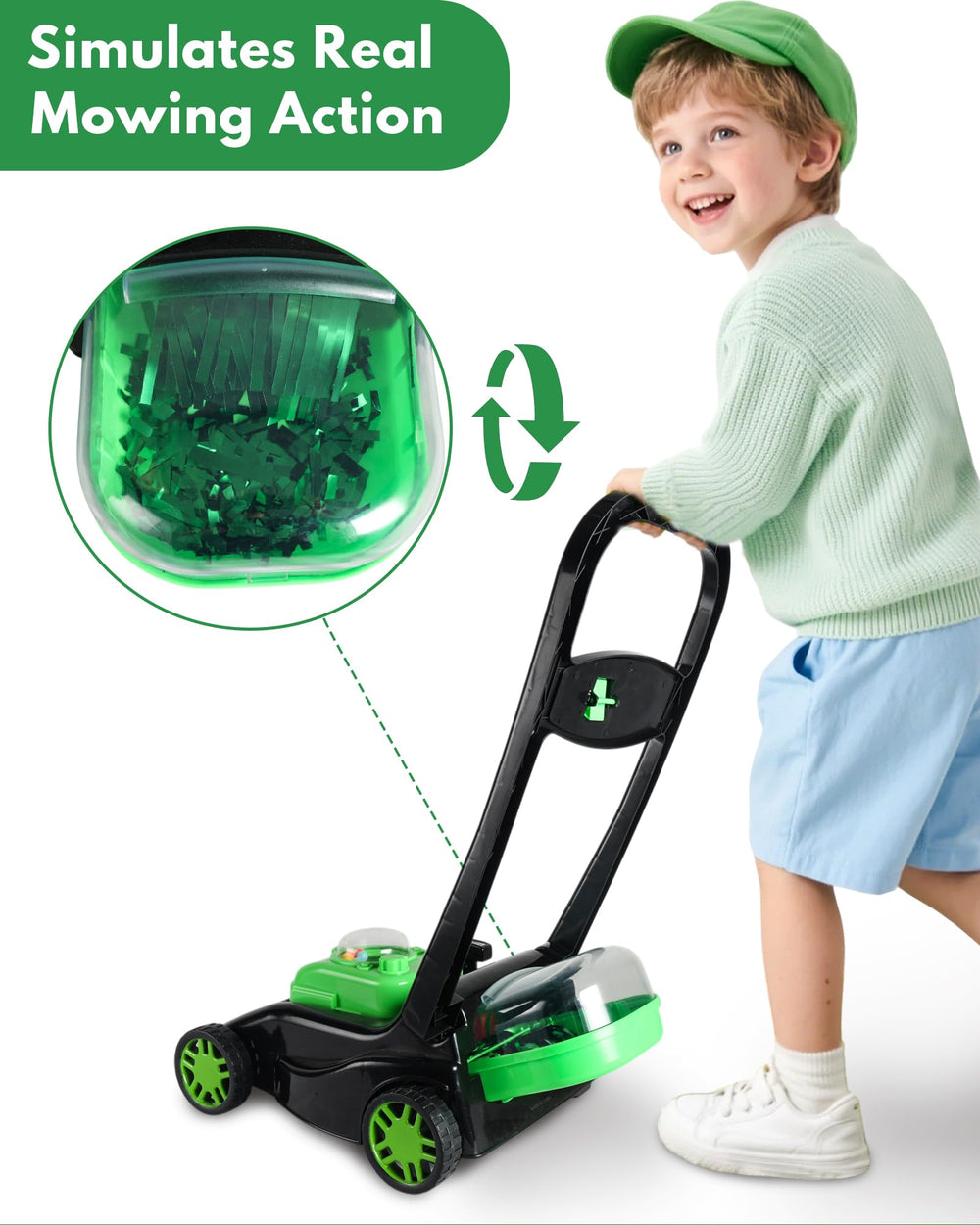 CT SPORTS lawn mower push design enables effortless steering by small kids.