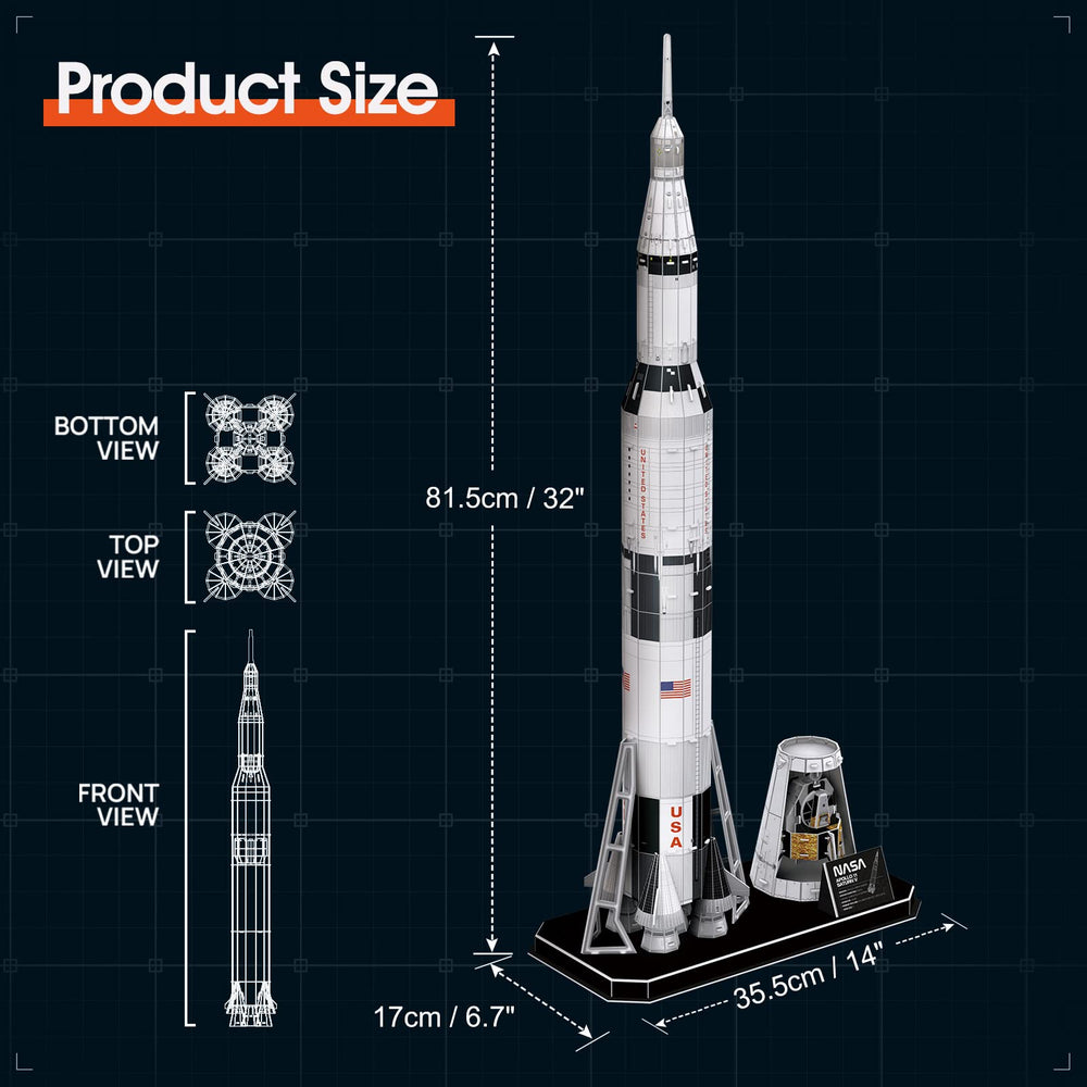 CubicFun Saturn V 3D puzzle displayed as a centerpiece on a desk