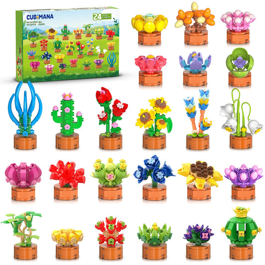 CUBIMANA 24-pack flowers succulent blocks for kids assembling a vibrant garden scene for hands-on play