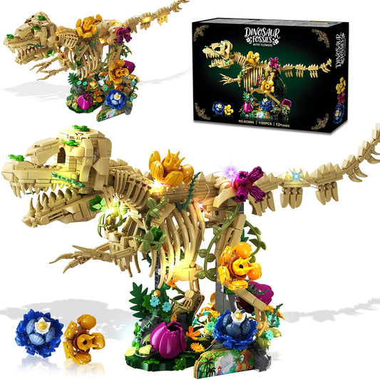 CUBIMANA dinosaur fossil with flowers build set displayed as a vibrant centerpiece