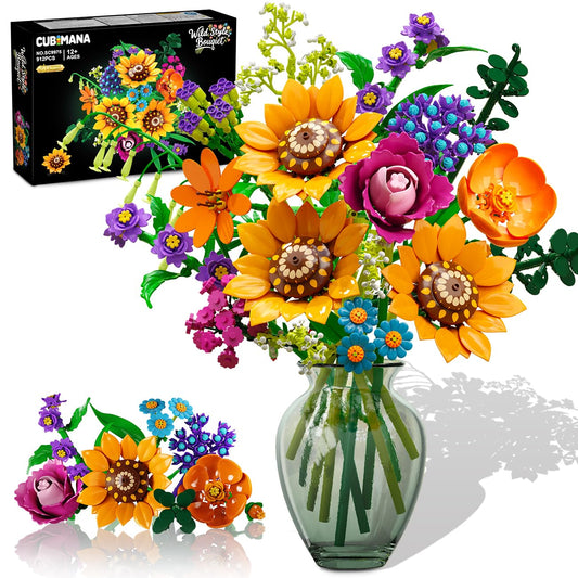 CUBIMANA Wildflowers Bouquet Building Set assembly image showcasing vibrant blooms for a maintenance-free desk centerpiece.