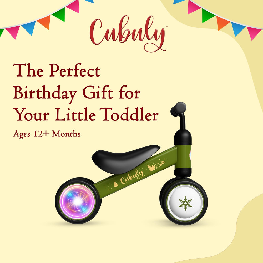 Cubuly Green Christmas edition bike under festive lights.