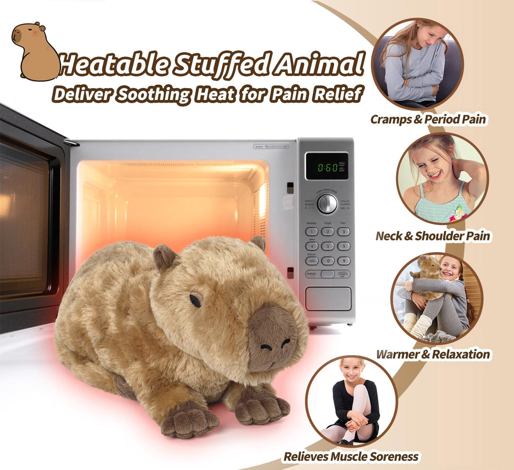 Cuckool Capybara Plush Microwave warmth in 60-90 seconds.