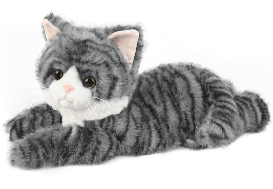 Cuckool gray tabby cat plush front view offers cozy companionship at home.