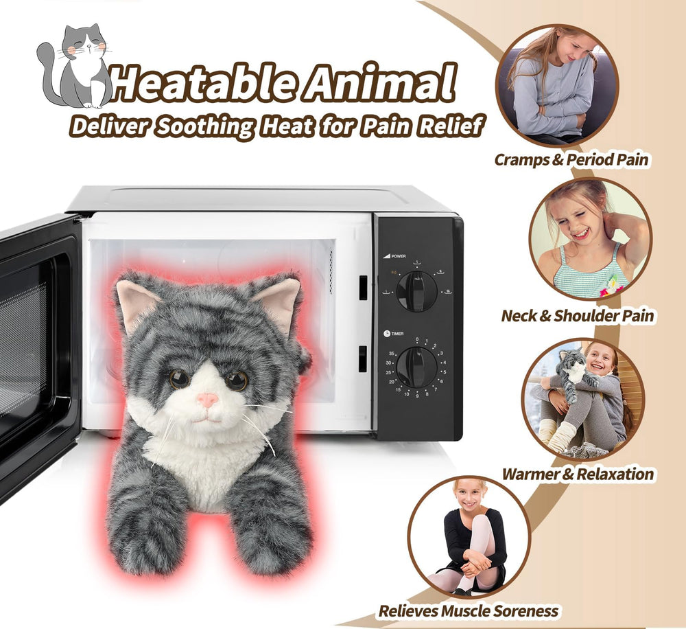 Cuckool heatable cat plush with lavender scent promotes relaxation and comfort.