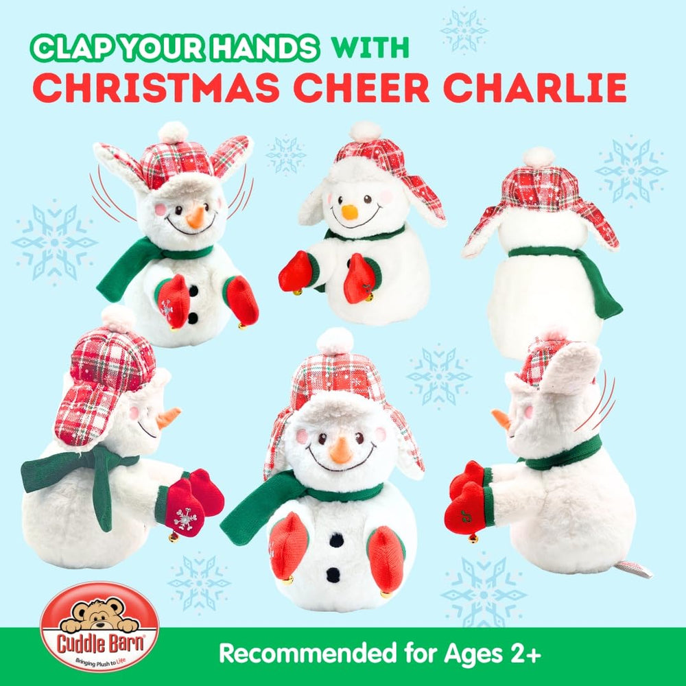 Cuddle Barn Charlie wearing hunting cap and mittens for cozy holiday vibes.