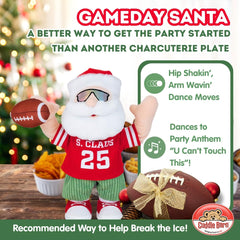 Cuddle Barn Gameday Santa holds a football while dancing to entertain