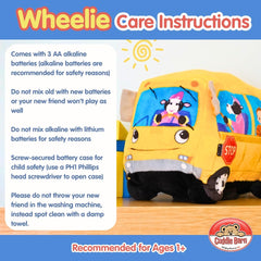 Cuddle Barn Wheelie care instructions close-up for easy spot cleaning.
