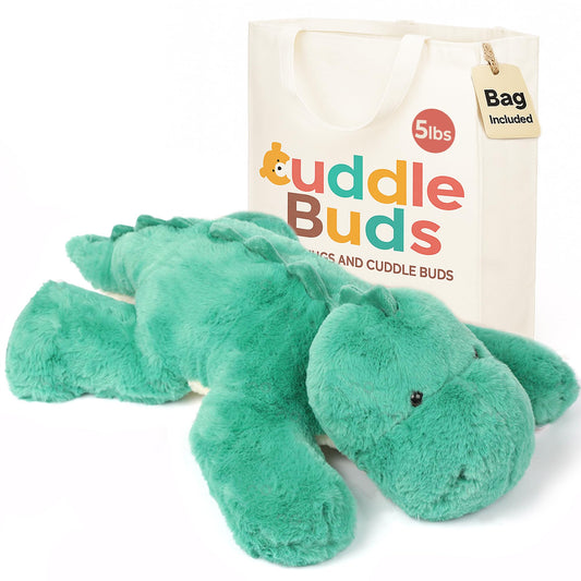 Cuddle Buds weighted dinosaur front view—soft plush for calming sensory sessions.
