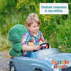 Cuddle Buds weighted dinosaur in hug—perfect sensory companion for calming evenings.