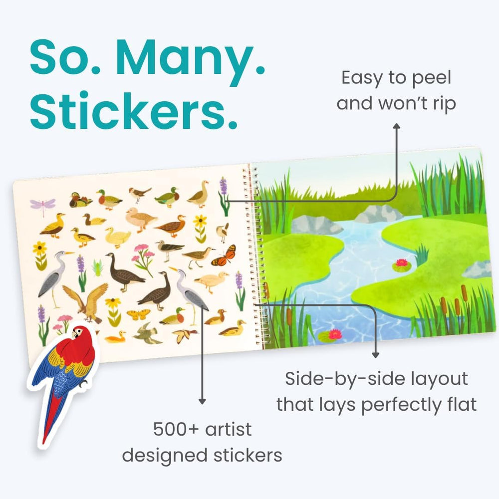 Cupkin Bird Sticker Book inside scenes invites imaginative play across colorful settings.