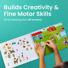 Cupkin farm scene barn sticker page, colorful scenes for storytelling and fine motor practice.